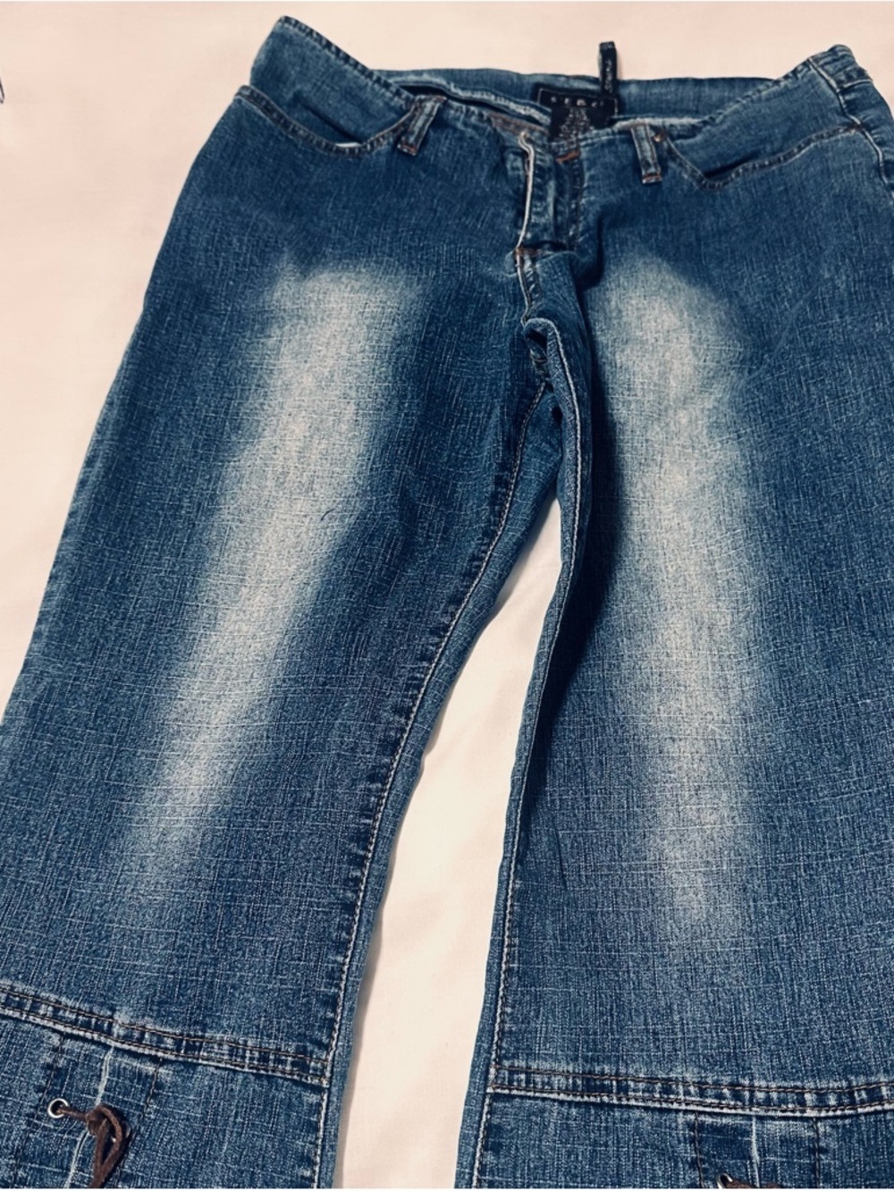 Vintage Y2K Sebo Paris 32/30 Flare Jeans Leather Lacing Mid Rise Boho - Picture 3 of 10